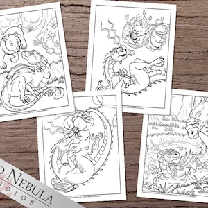 May include: Four black and white coloring pages featuring dragons in various scenes. One page shows a dragon interacting with a bear, another shows a dragon breathing fire, another shows a dragon curled up around a flower, and the last page shows a dragon swimming in a pond.