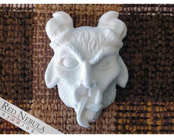 Krampus Cabochon - Unpainted Krampus Face, Flat Back, Optional Magnet/Ornament, Krampusnacht Doll Face, DIY Christmas Fridge Magnet Project