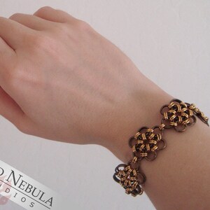 Gold Plated Brass Chainmaille Bracelet with Flower Design and Subtle Heart Motif on the Clasp, Chainmail Jewelry image 3