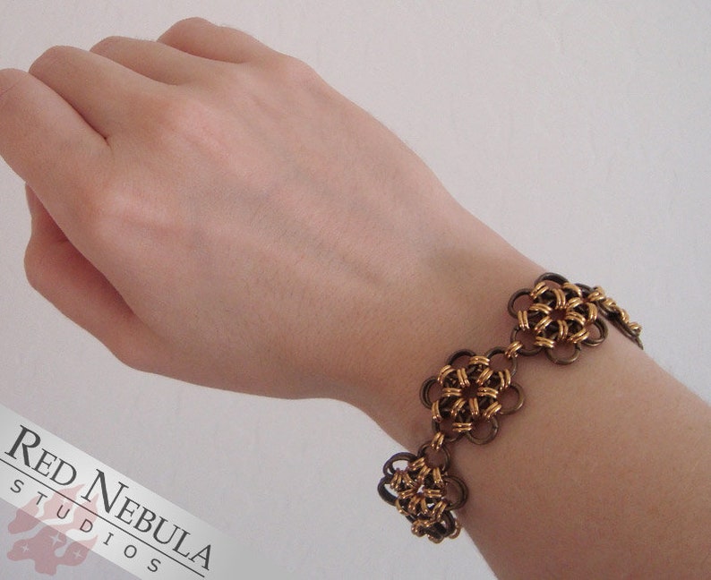 Gold Plated Brass Chainmaille Bracelet with Flower Design and Subtle Heart Motif on the Clasp, Chainmail Jewelry image 3