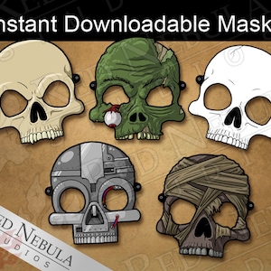 Skull Monster Masks, Instant Download, Printable Horror Masks, Zombie Mask, Paper Mask, Vampire Skull, Cyborg Mask, Mummy, Coloring Mask image 1