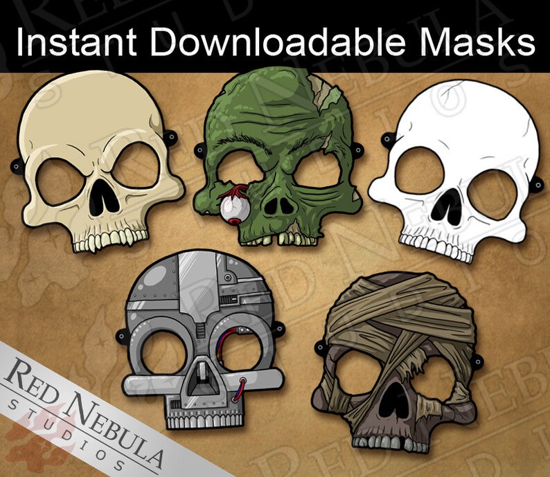 Skull Monster Masks, Instant Download, Printable Horror Masks, Zombie Mask, Paper Mask, Vampire Skull, Cyborg Mask, Mummy, Coloring Mask image 1