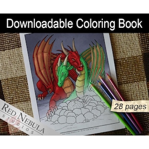 Digital Download Dragon Coloring Book, 28 Printable Coloring Pages, Shella the Dragon Color Pages for Older Kids and Adults