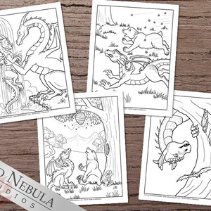 May include: Four black and white coloring pages featuring dragons and bears. The first page shows a large dragon with a smaller dragon. The second page shows a bear running away from a dragon. The third page shows a dragon and a bear sitting together. The fourth page shows a dragon flying through the air.