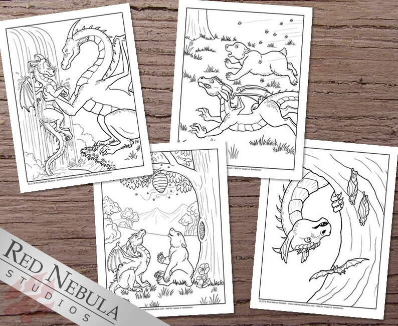 May include: Four black and white coloring pages featuring dragons and bears. The first page shows a large dragon with a smaller dragon. The second page shows a bear running away from a dragon. The third page shows a dragon and a bear sitting together. The fourth page shows a dragon flying through the air.