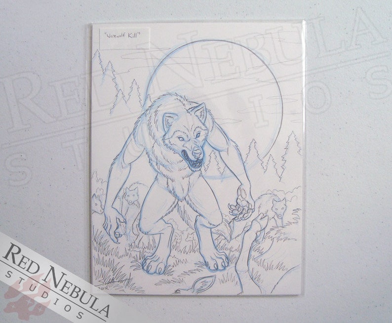 8.5 x 11 Werewolf Hunt Anthro Wolves in the Forest, OOAK Original Horror Pencil Art Drawing image 1