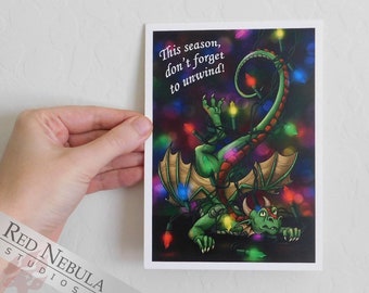 Christmas Dragon Art Print, "Holiday Tangle", Silly Dragon Humor Tangled in Christmas Lights, 5 x 7 in