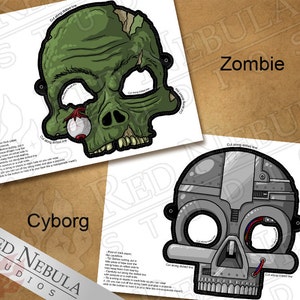 Skull Monster Masks, Instant Download, Printable Horror Masks, Zombie Mask, Paper Mask, Vampire Skull, Cyborg Mask, Mummy, Coloring Mask image 4