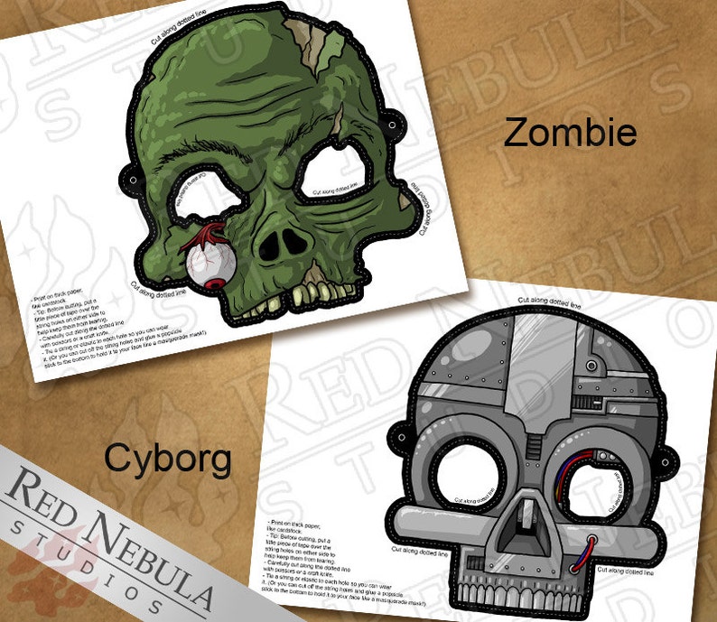 Skull Monster Masks, Instant Download, Printable Horror Masks, Zombie Mask, Paper Mask, Vampire Skull, Cyborg Mask, Mummy, Coloring Mask image 4