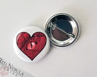 Red Heart Dragon Pinback Button, Magnet, or Keychain, 1.25", Red Dragon Eye Looking Through Heart Shaped Window