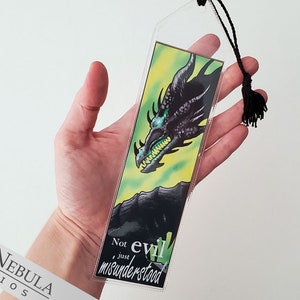 Dark Dragon Bookmark Not Evil, Just Misunderstood Green Background with Black Dragon and a Black Tassel, Fantasy Art Book Mark image 3