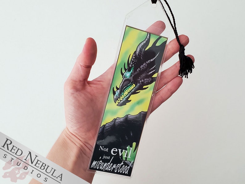 Dark Dragon Bookmark Not Evil, Just Misunderstood Green Background with Black Dragon and a Black Tassel, Fantasy Art Book Mark image 3