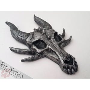 Silver Dragon Skull Wall Plaque, Hand Painted Dragon Wall Art, Fantasy Sculpture
