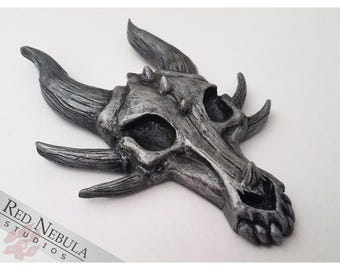 Silver Dragon Skull Wall Plaque, Hand Painted Dragon Wall Art, Fantasy Sculpture