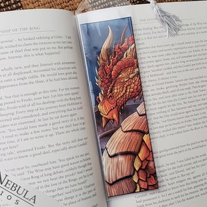 Bronze Dragon Bookmark with Silver Tassel, Fantasy Art Book Mark with Scaly Orange Dragon 画像 2