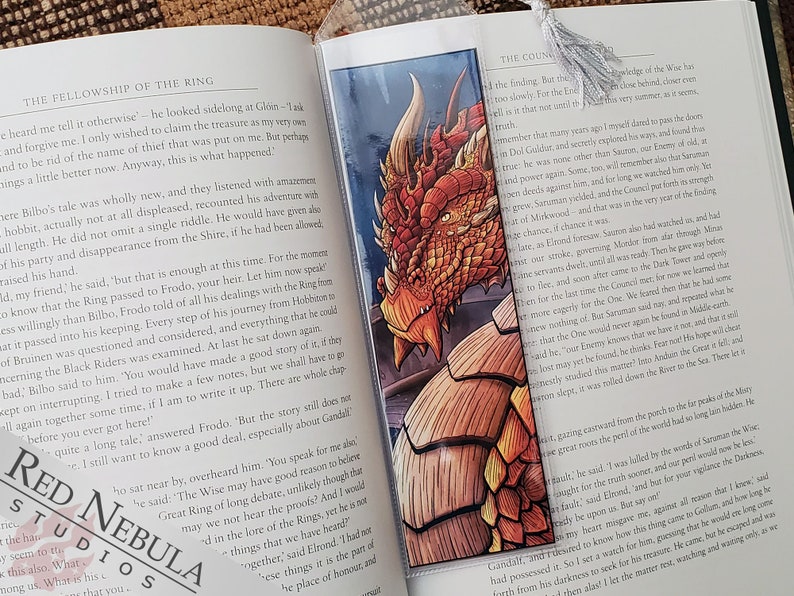 Bronze Dragon Bookmark with Silver Tassel, Fantasy Art Book Mark with Scaly Orange Dragon 画像 2