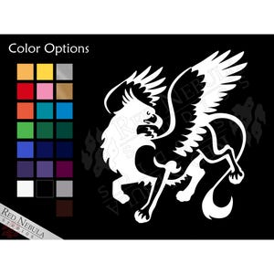 May include: White silhouette of a winged lion, a mythical creature, against a black background. The image is for a vinyl decal.