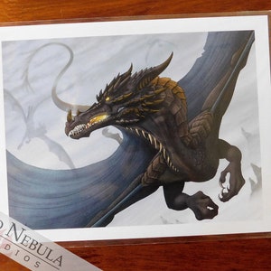May include: A black dragon with gold accents flies through a cloudy sky. The dragon's wings are spread wide, and its claws are extended. The dragon's eyes are glowing yellow.