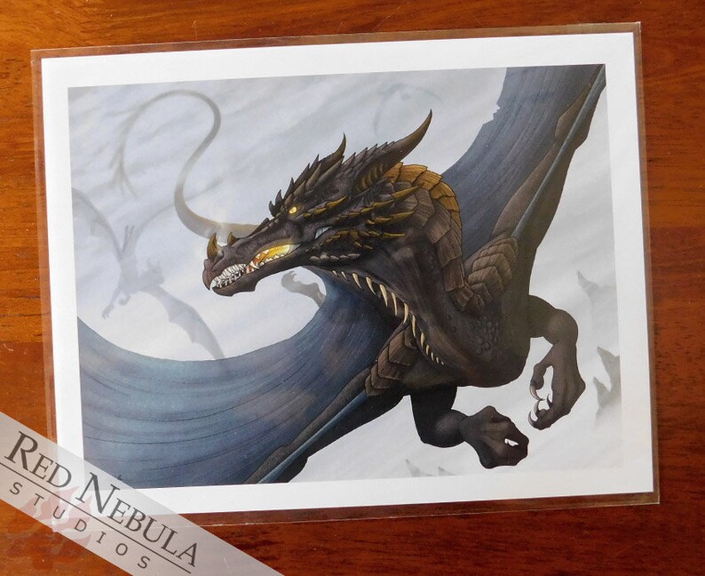 May include: A black dragon with gold accents flies through a cloudy sky. The dragon's wings are spread wide, and its claws are extended. The dragon's eyes are glowing yellow.