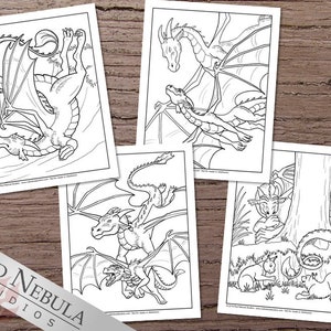 May include: Four black and white coloring pages featuring dragons. The first page shows a dragon with its wings spread out. The second page shows two dragons flying together. The third page shows a dragon with its wings spread out. The fourth page shows a dragon with its wings spread out.
