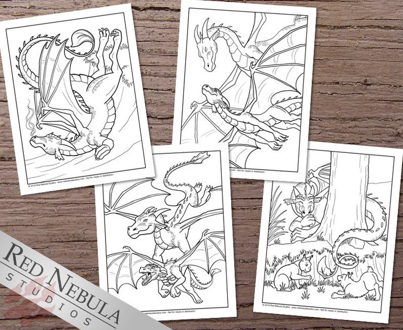 May include: Four black and white coloring pages featuring dragons. The first page shows a dragon with its wings spread out. The second page shows two dragons flying together. The third page shows a dragon with its wings spread out. The fourth page shows a dragon with its wings spread out.