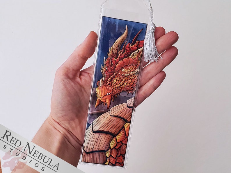 Bronze Dragon Bookmark with Silver Tassel, Fantasy Art Book Mark with Scaly Orange Dragon image 3