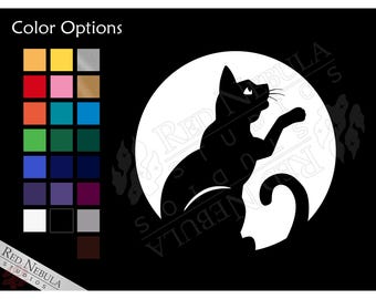 Cat Moon Silhouette Vinyl Decal, Pet Lover Kitty Cat Sticker for Outdoors, Laptops, or Car Windows - Multiple Color Options