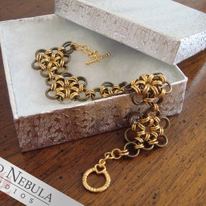 Gold Plated Brass Chainmaille Bracelet with Flower Design and Subtle Heart Motif on the Clasp, Chainmail Jewelry image 1