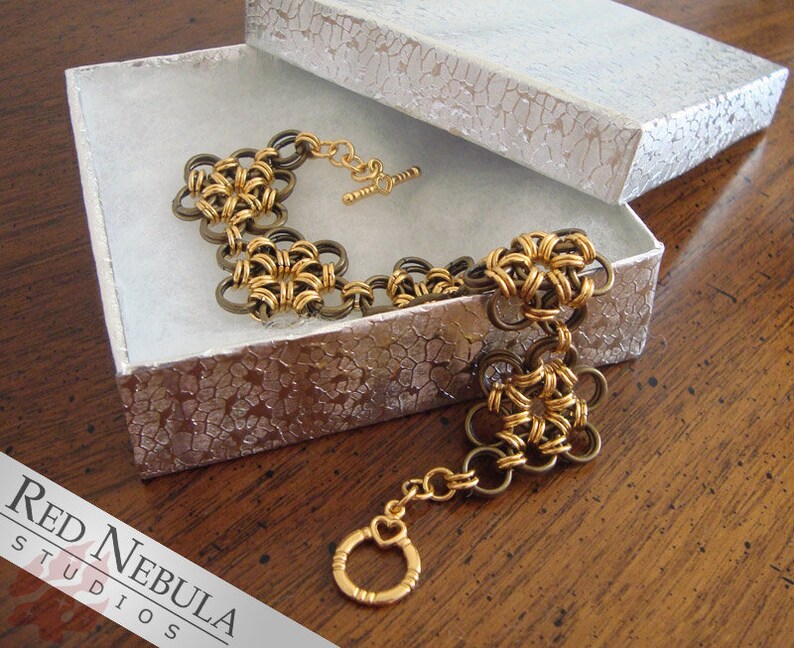 Gold Plated Brass Chainmaille Bracelet with Flower Design and Subtle Heart Motif on the Clasp, Chainmail Jewelry image 1