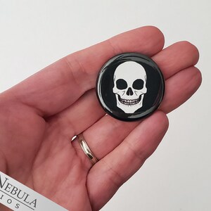 Human Skull Pinback Button, Magnet, or Keychain, 1.25, Macabre Grinning Skeleton Face, Non-Candy Treats / Teal Pumpkin Trick-or-Treat image 3