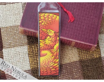 Golden Phoenix Bookmark with Red Tassel, Symbol of Rebirth and the Sun, Greek Mythology