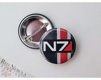 N7 Button, Magnet, or Keychain, 1.25&quot;, Mass Effect Shepard Pinback Button in Grey, Red, Black, and White