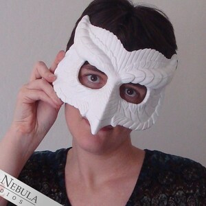May include: A white owl mask with detailed feather patterns and eye holes. The mask is held up to the face of a person.