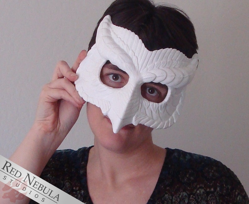 May include: A white owl mask with detailed feather patterns and eye holes. The mask is held up to the face of a person.