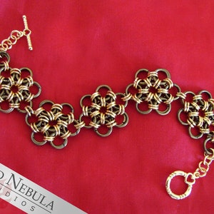 Gold Plated Brass Chainmaille Bracelet with Flower Design and Subtle Heart Motif on the Clasp, Chainmail Jewelry image 2