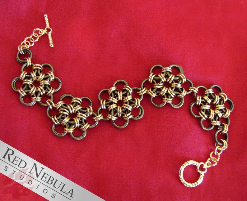 Gold Plated Brass Chainmaille Bracelet with Flower Design and Subtle Heart Motif on the Clasp, Chainmail Jewelry image 2