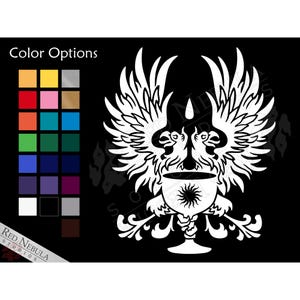 Grey Wardens Vinyl Decal, 5&quot; x 6&quot; Dragon Age Car Decal with Two Griffons and Chalice - Multiple Color Options