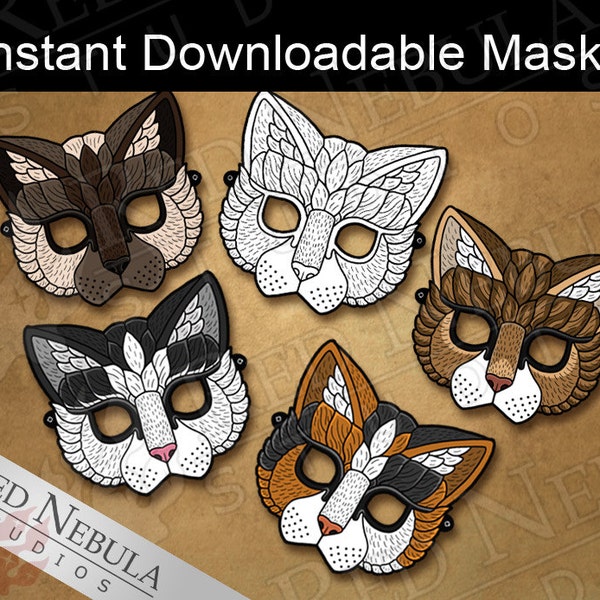 Printable Cat Masks, Kitty Paper Party Mask, Children's Coloring Mask, Instant Digital Download, Calico, Tabby, Tuxedo, Siamese, Feline Mask