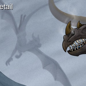 May include: A close-up of a dragon's head with sharp teeth and a menacing expression. The dragon's shadow is cast on a light blue background.