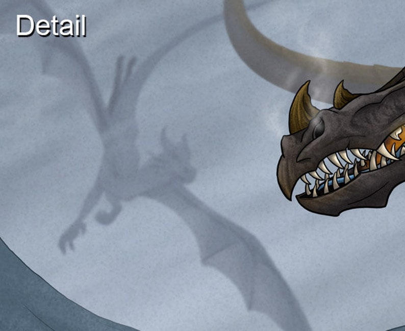 May include: A close-up of a dragon's head with sharp teeth and a menacing expression. The dragon's shadow is cast on a light blue background.