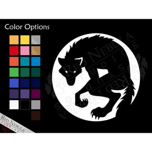 May include: Black and white silhouette of a wolf howling at the moon. The wolf is in a circle with a white background. The image is on a black background.