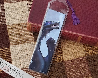 Black Dragon Bookmark with Purple Tassel, Dark Dragon in Snow Fantasy Book Mark with Seasonal WinterTheme