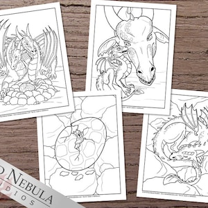 May include: Four black and white coloring pages featuring dragons in various poses. The first page shows a mother dragon and a baby dragon with an egg. The second page shows a mother dragon with a baby dragon. The third page shows a baby dragon hatching from an egg. The fourth page shows a dragon curled up with a baby dragon.