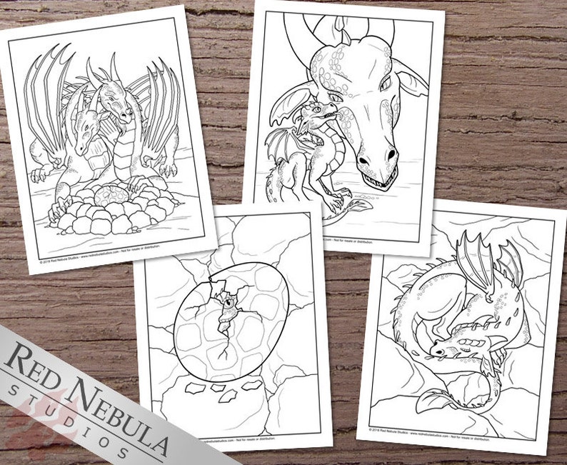 May include: Four black and white coloring pages featuring dragons in various poses. The first page shows a mother dragon and a baby dragon with an egg. The second page shows a mother dragon with a baby dragon. The third page shows a baby dragon hatching from an egg. The fourth page shows a dragon curled up with a baby dragon.