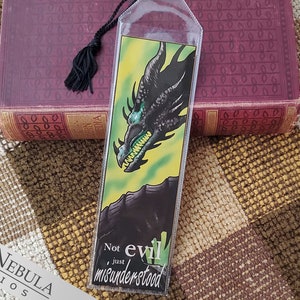 Dark Dragon Bookmark Not Evil, Just Misunderstood Green Background with Black Dragon and a Black Tassel, Fantasy Art Book Mark image 1