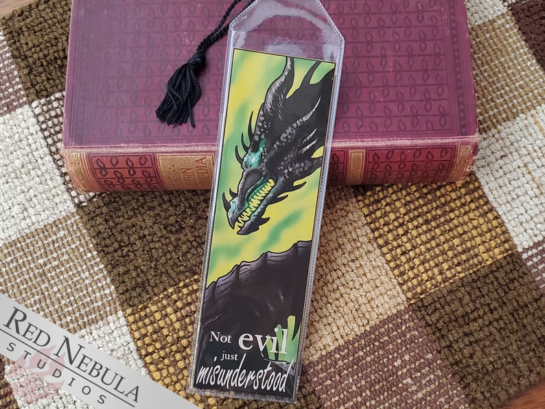 Dark Dragon Bookmark Not Evil, Just Misunderstood Green Background with Black Dragon and a Black Tassel, Fantasy Art Book Mark image 1