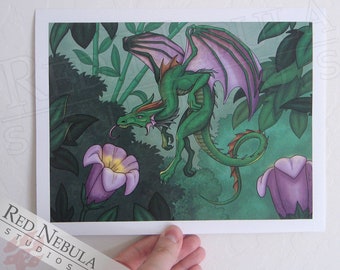 Cute Little Green Dragon Art Print, "Flower Drakeling", Green and Purple Dragon With Flowers and Leaves, 8.5 x 11 in