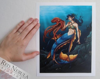 Blue Mermaid Art Print, "Ocean Life", Fantasy Artwork, Mermaid and Octopus, 8.5 x 11 in