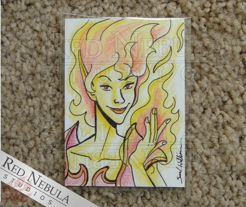 Fire Fairy ACEO Original Drawing, 2.5 x 3.5 Ink and Colored Pencil Fantasy Artwork image 1