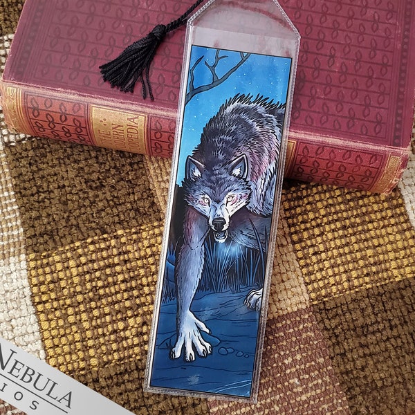 Vinyl Werewolf Bookmark with Black Tassel, Lycanthropy Movie Monster Horror Illustration